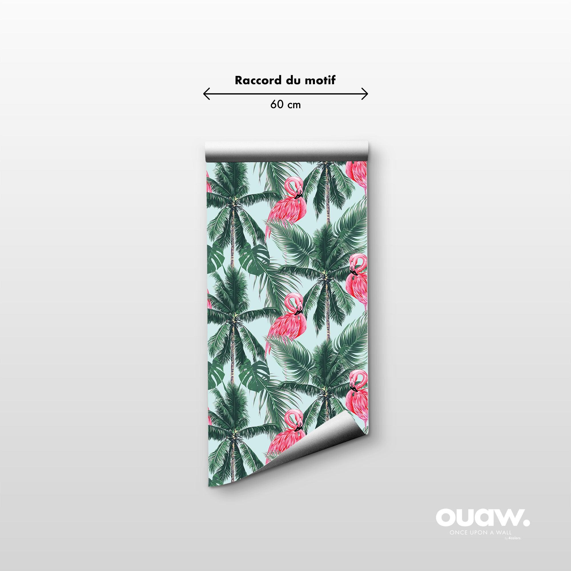 papier peint motifs vintage cocotiers flamands roses