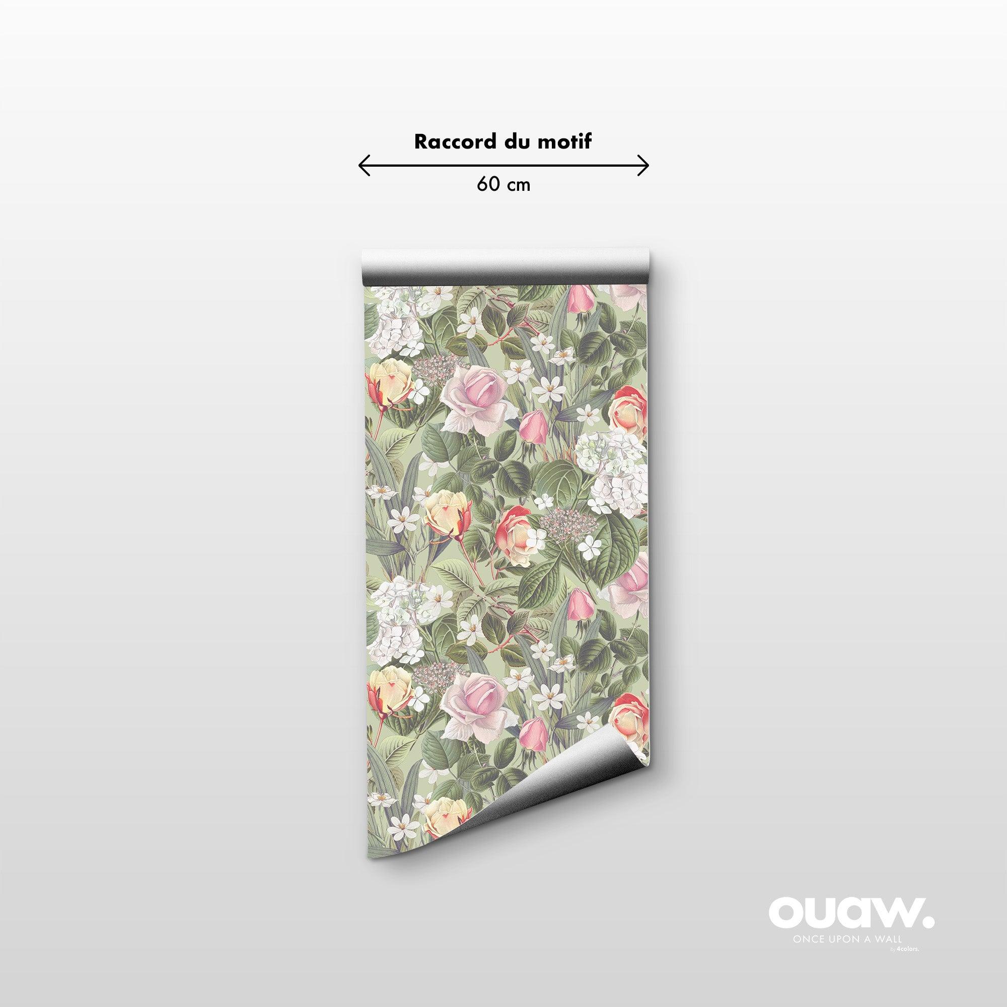 papier peint motifs vintages fleurs vert blanc et rose