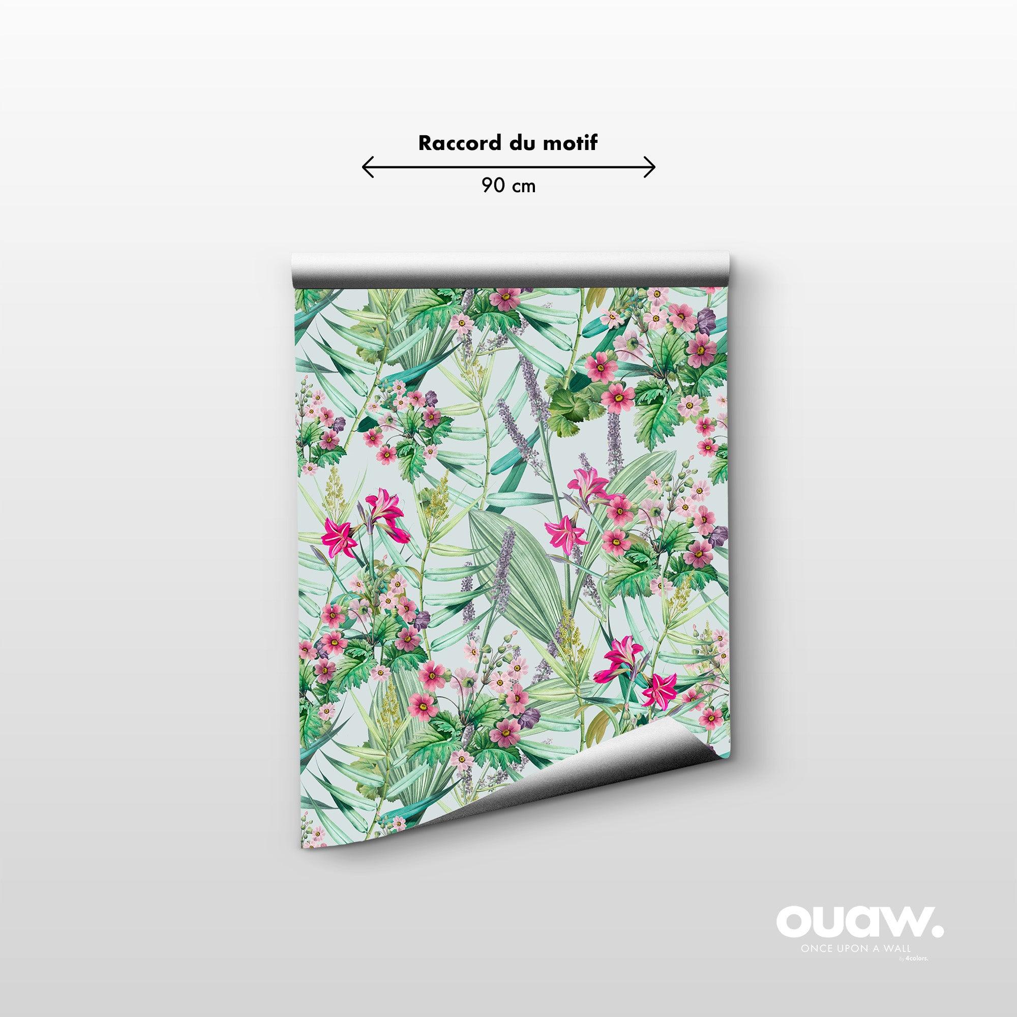 papier peint motifs feuilles et fleurs roses