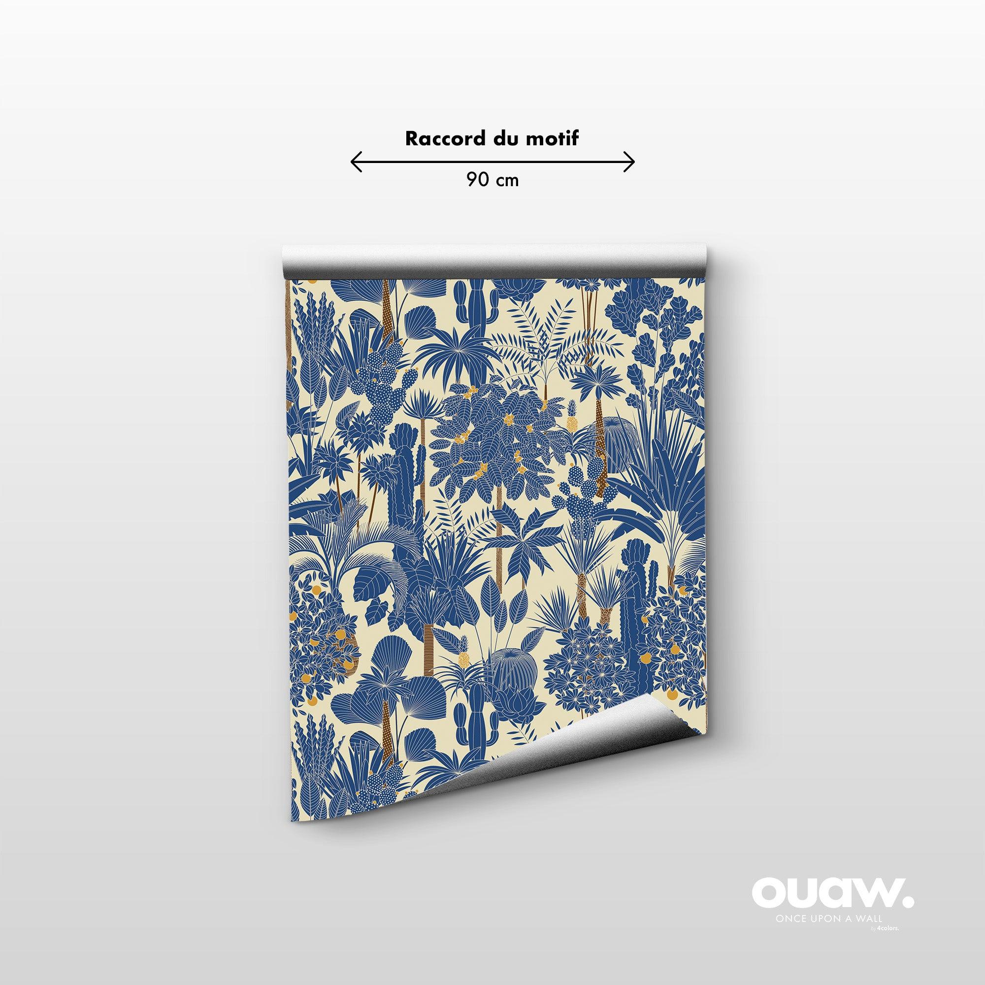 papier peint motifs arbres et plantes bleus