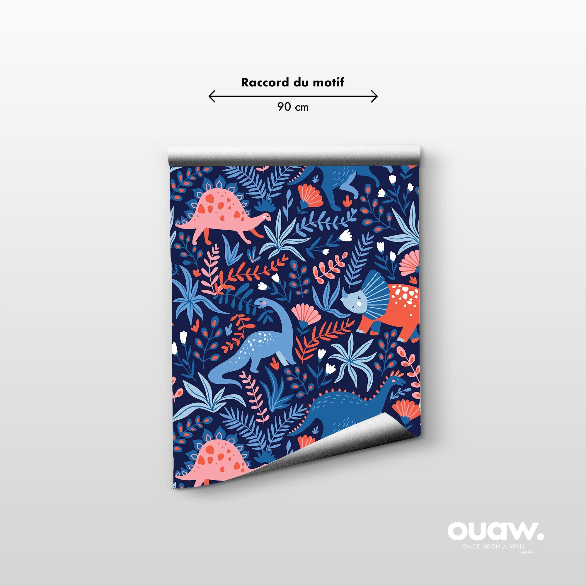 papier peint motifs dinosaures et plantes bleu rose et rouge