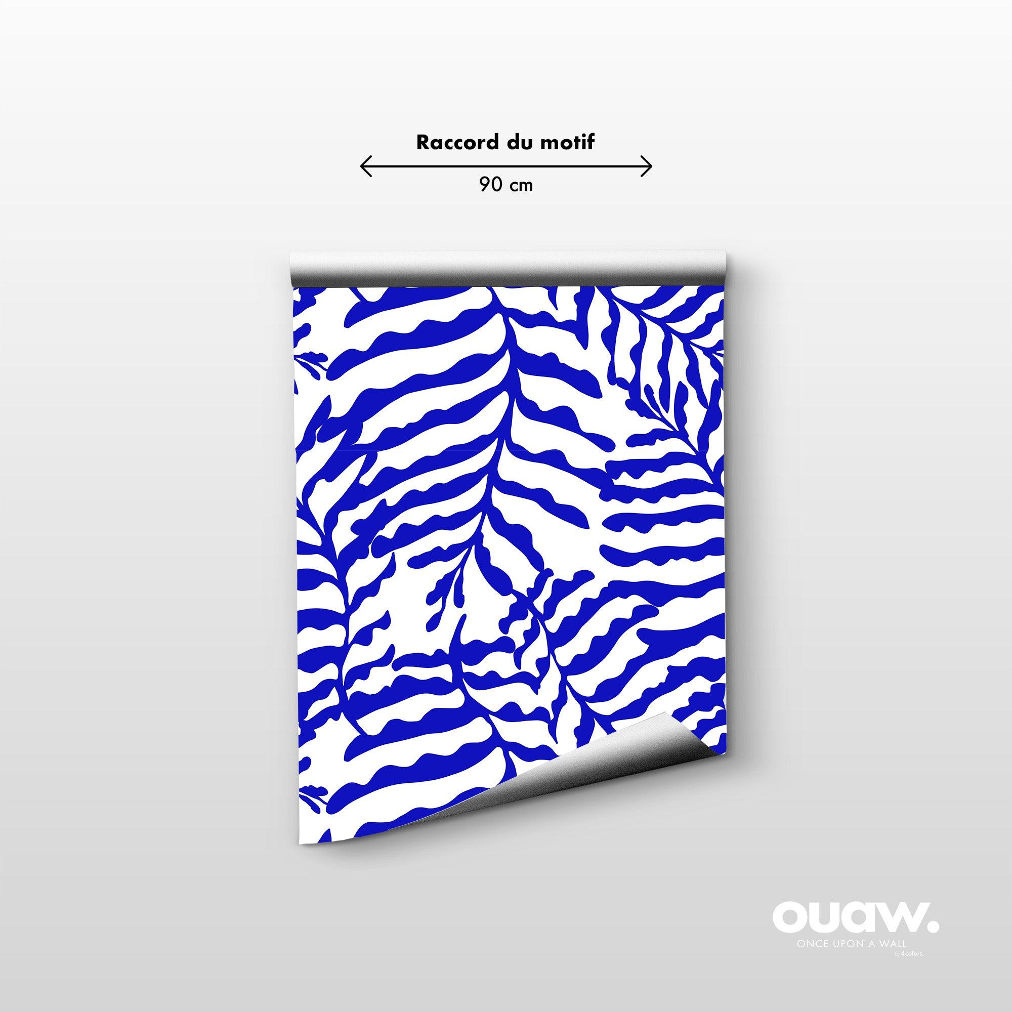 papier peint motifs feuilles bleu et blanc
