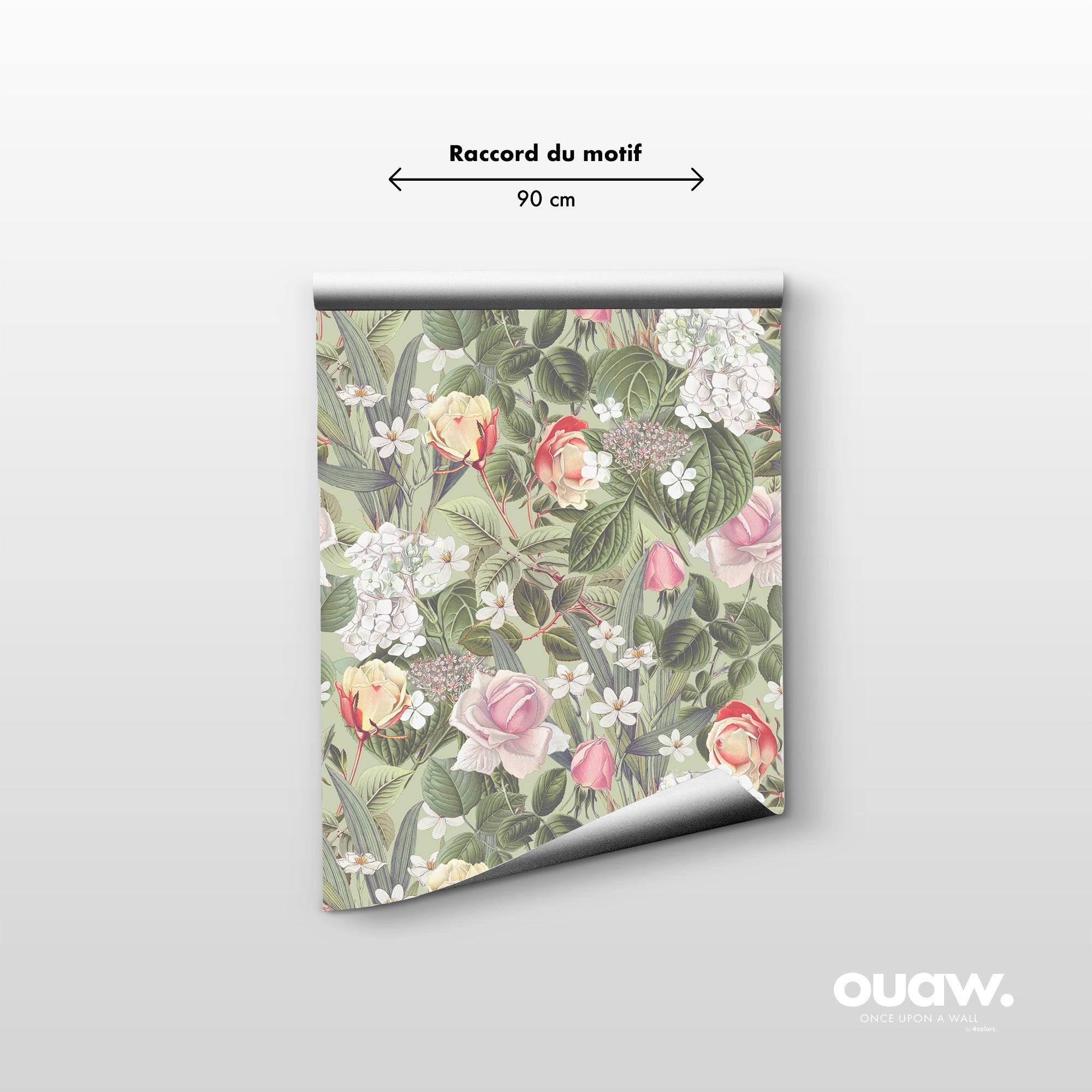 papier peint motifs vintages fleurs vert blanc et rose