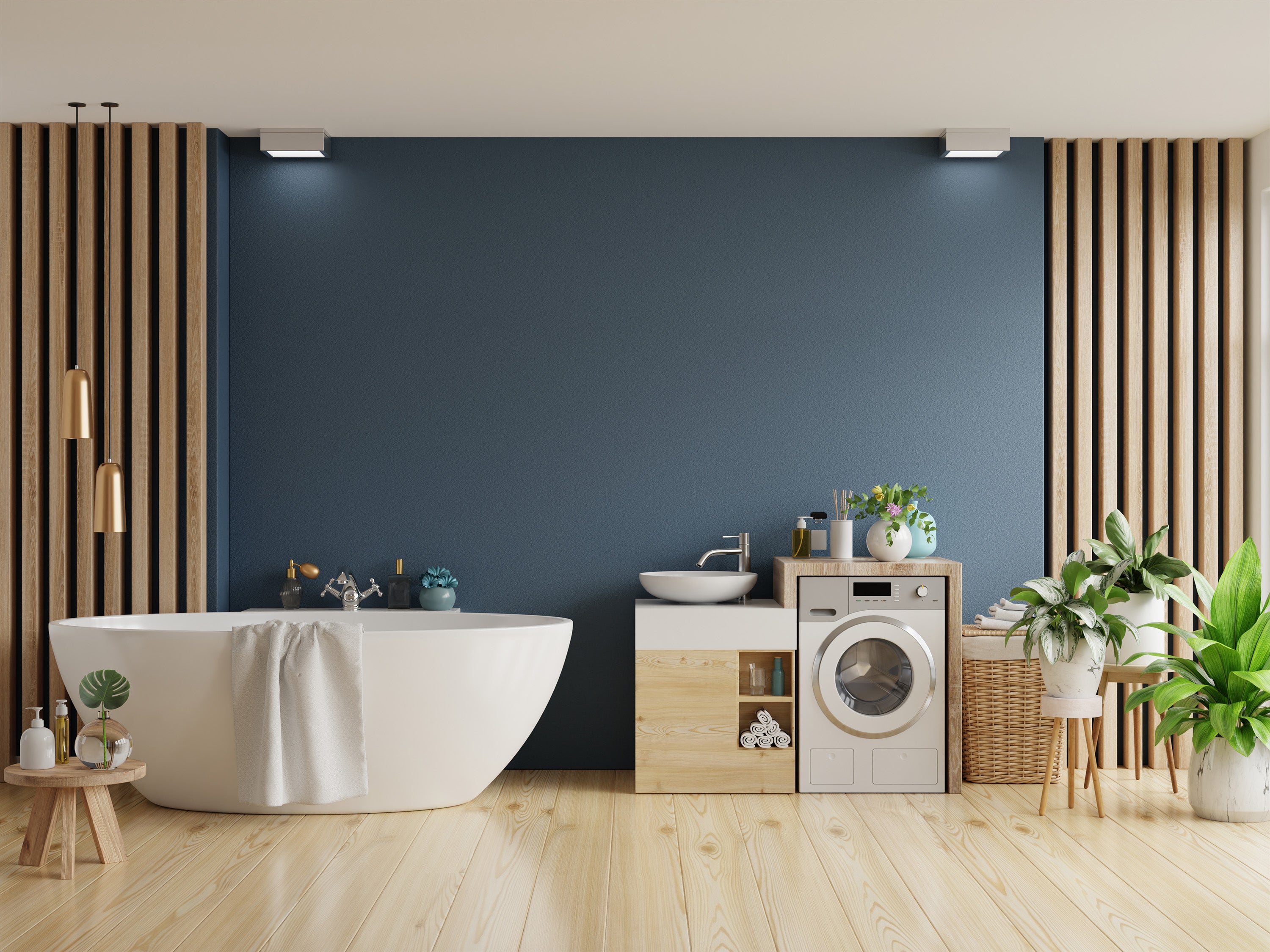 salle de bain bleu et bois