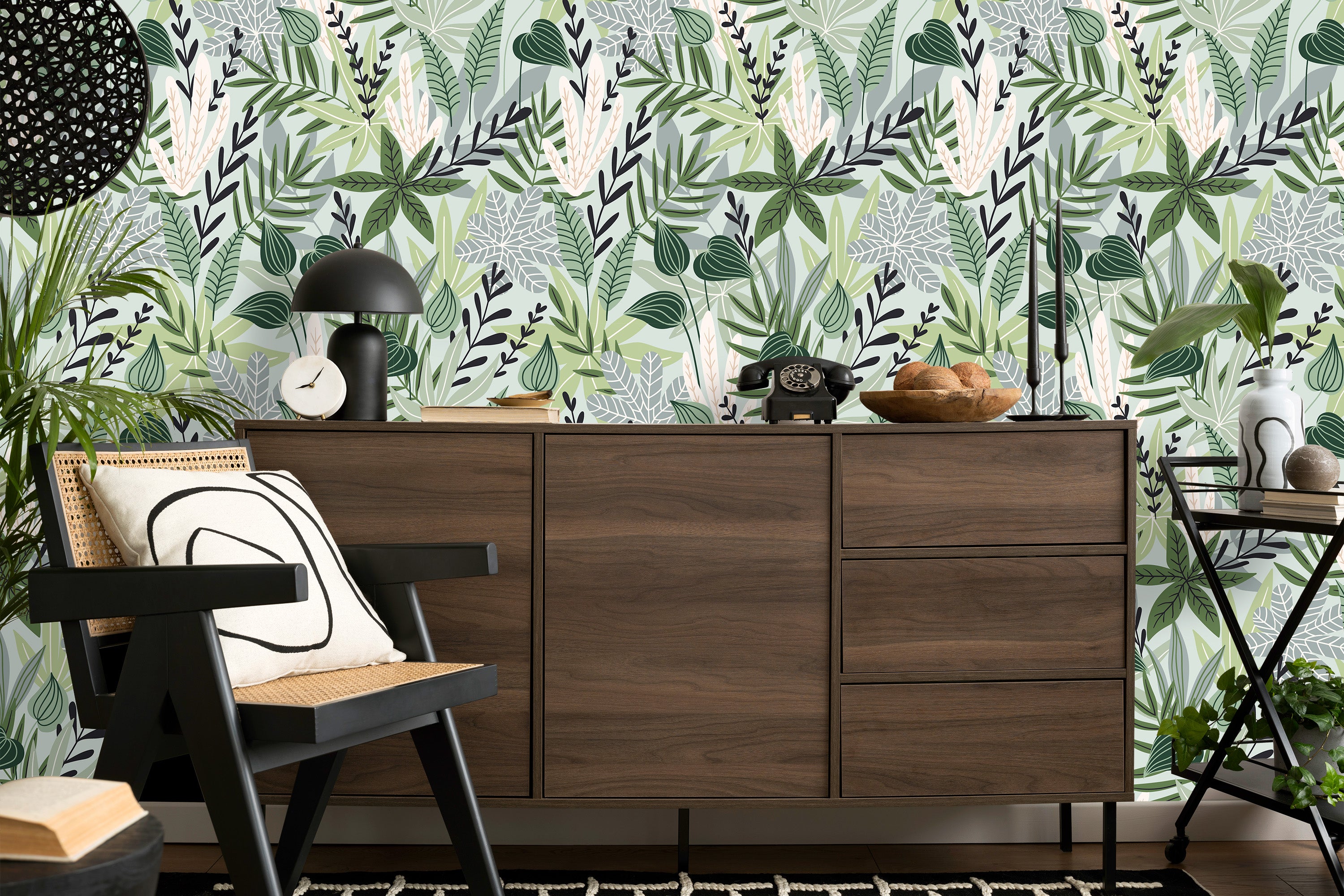 meuble rangement bois papier peint motifs plantes et feuilles vert