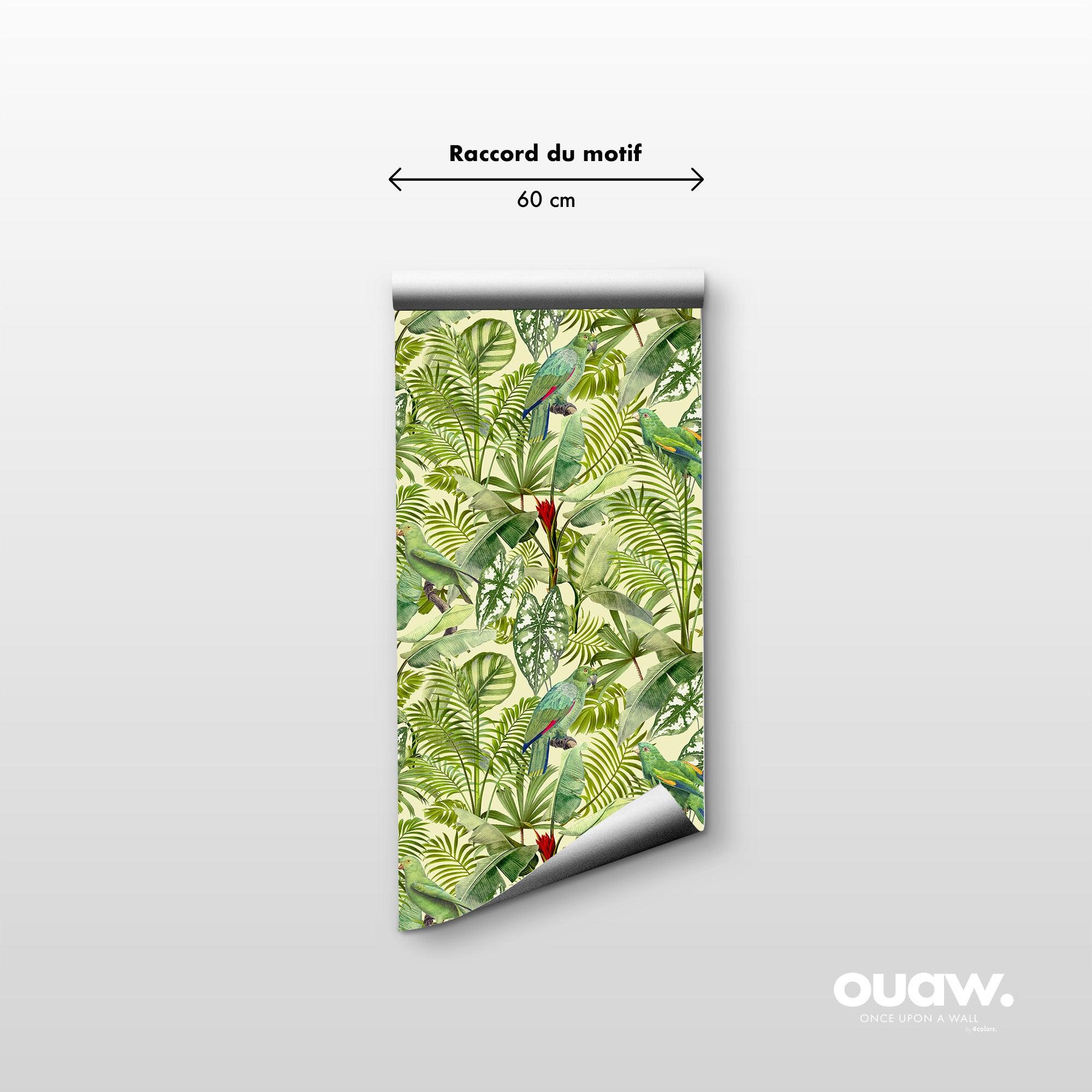 papier peint motifs perroquets et feuilles tropicales