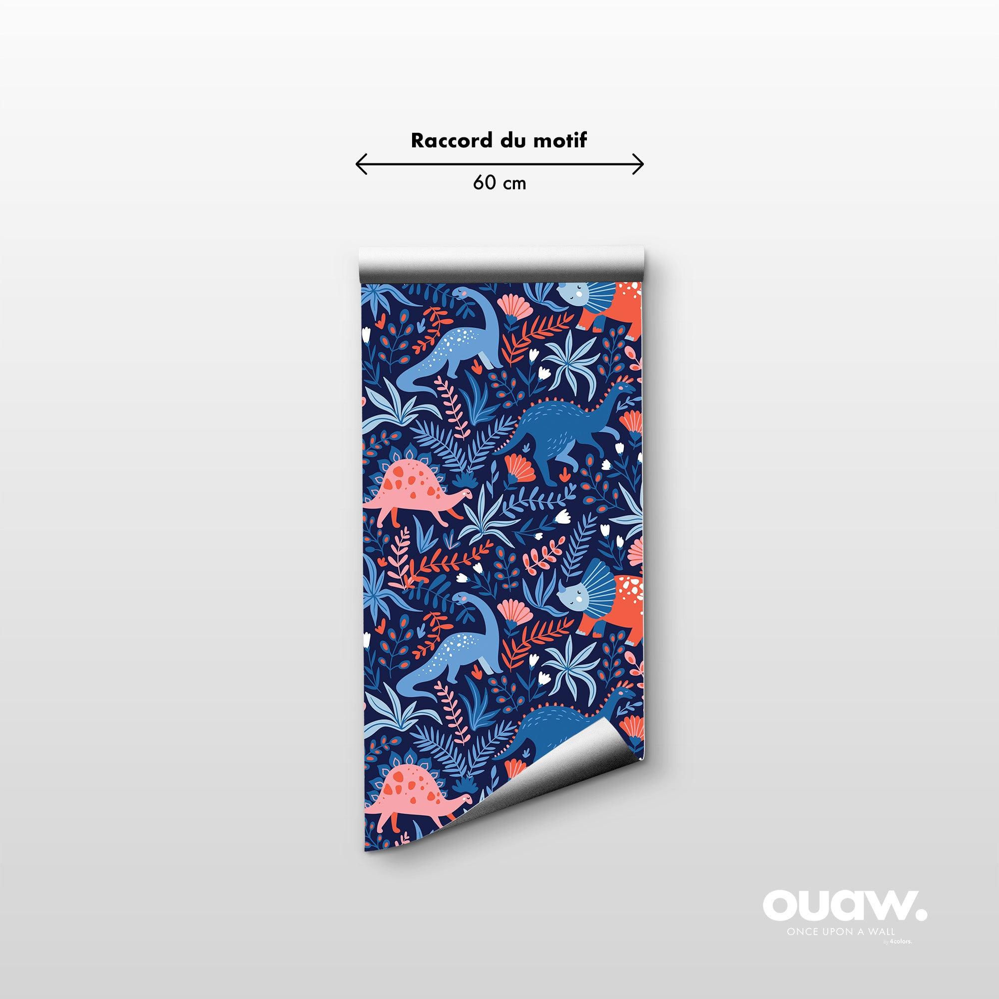 papier peint motifs dinosaures et plantes bleu rose et rouge
