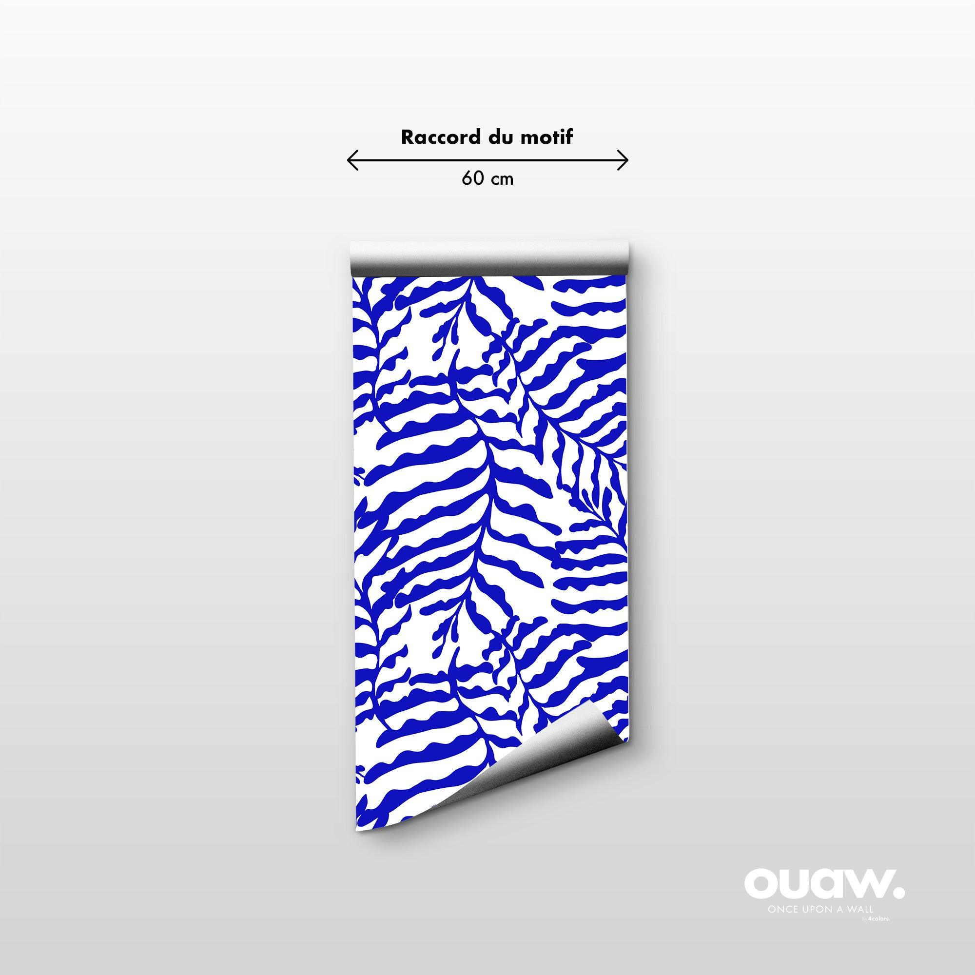 papier peint motifs feuilles bleu et blanc